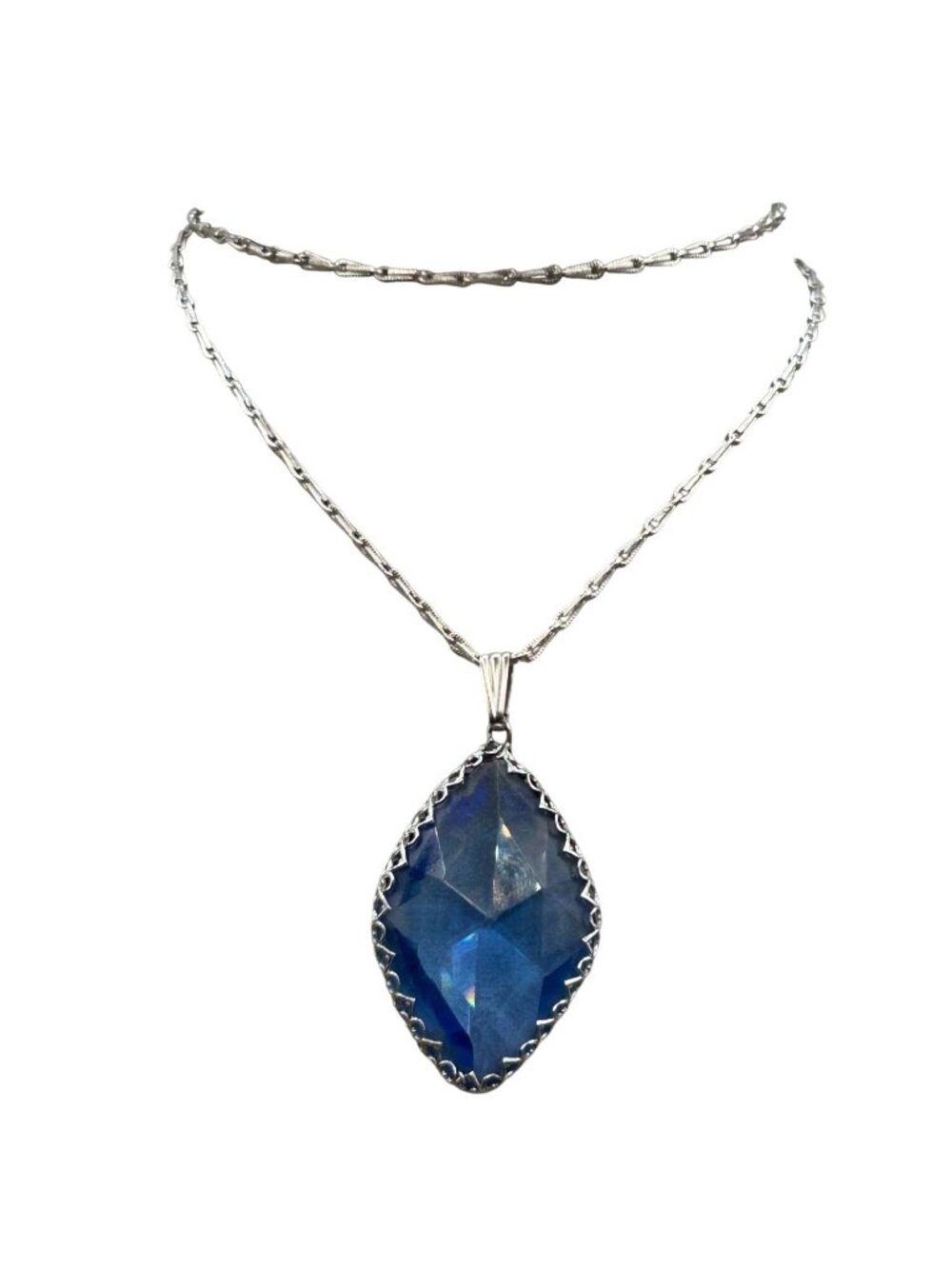 Vintage Blue Czech Glass Pendant Necklace Art Deco Older Diamond Shaped